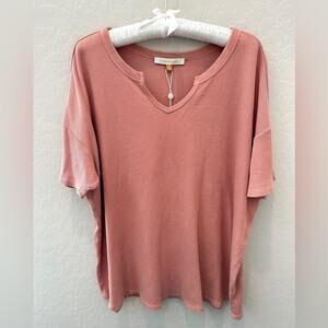 🆕 DOWNEAST | Pink Cozy Waffle Textured Notch Neck Flutter Sleeve Top | XL